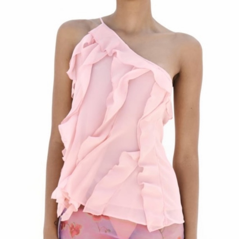 Zara Limited Edition One Shoulder Pink Ruffle Top